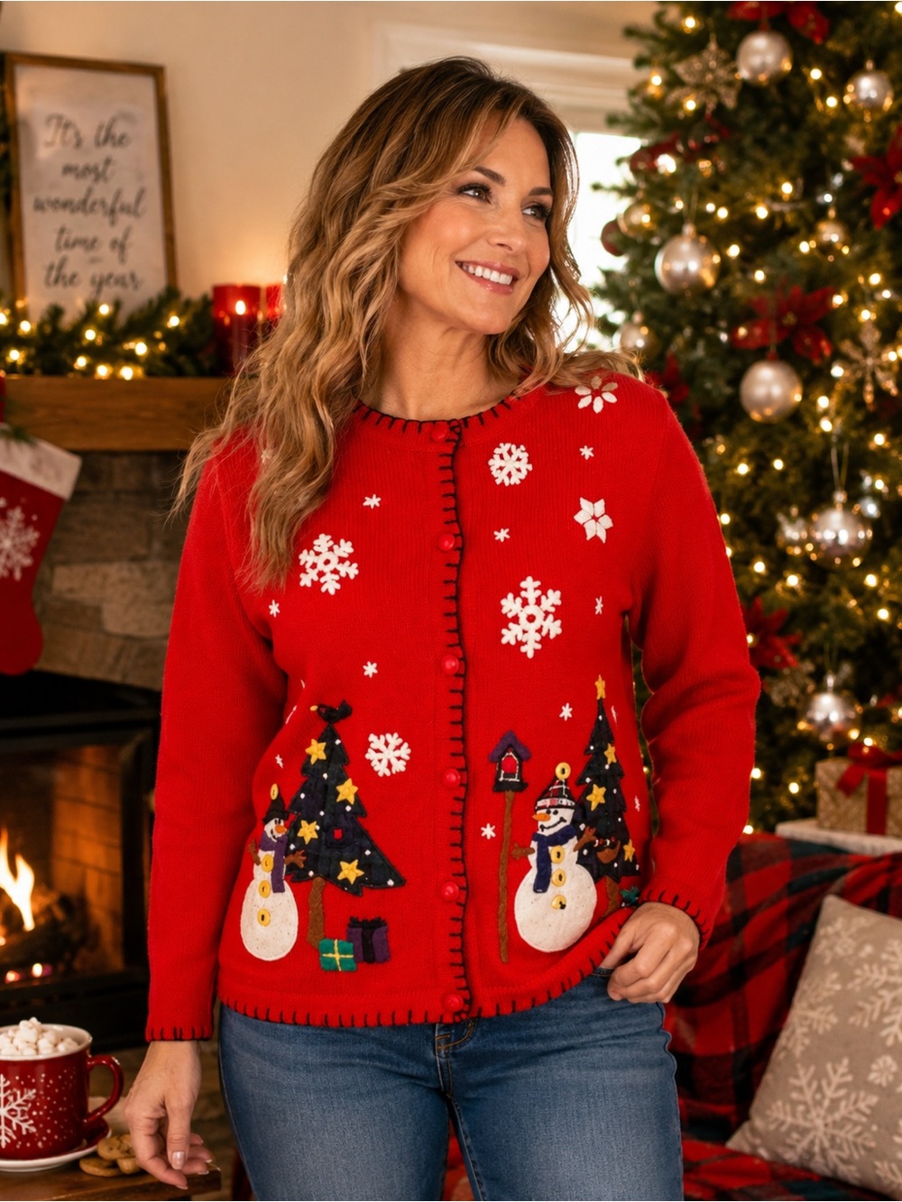 Victoria Jones Petite Ugly Christmas Sweater Red Holiday Snowman Sz Petite/Med